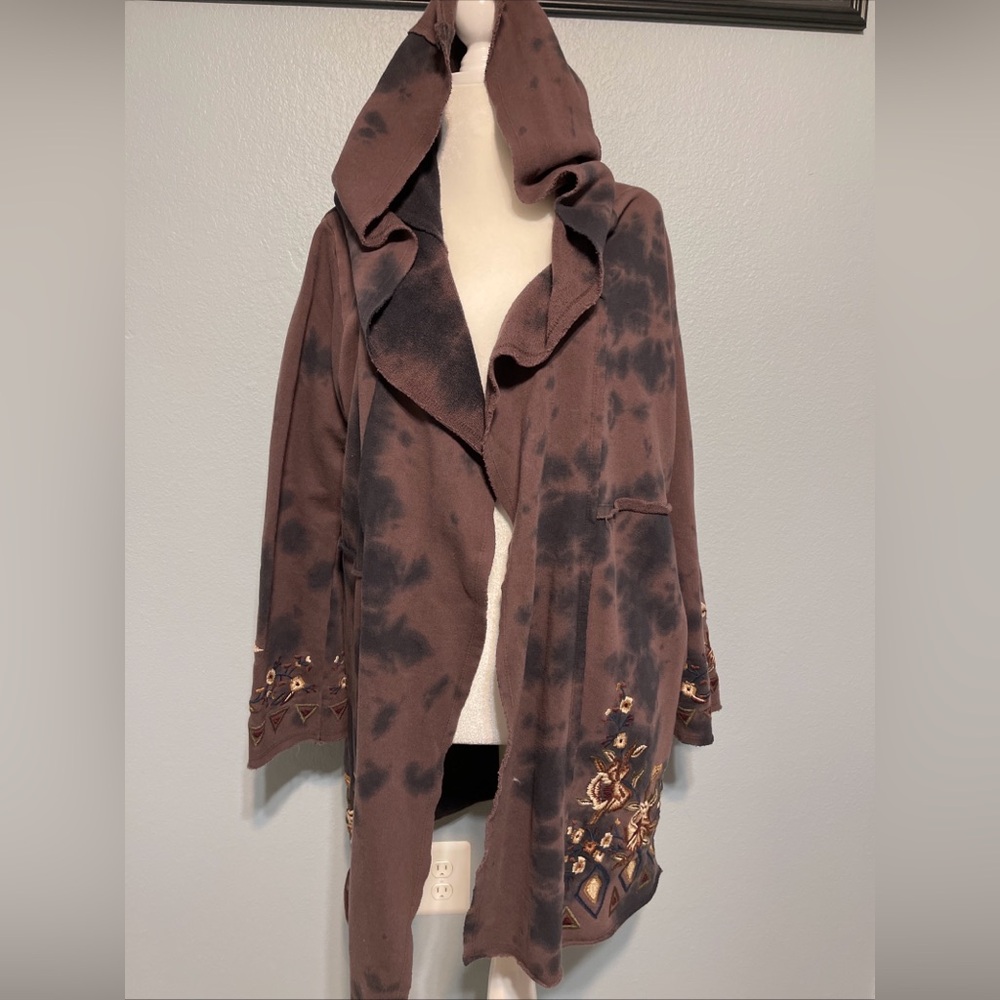 Caite Embroidered Hooded Cardigan Jacket Boho Floral Open Front Duster Cozy XL - Picture 3 of 12